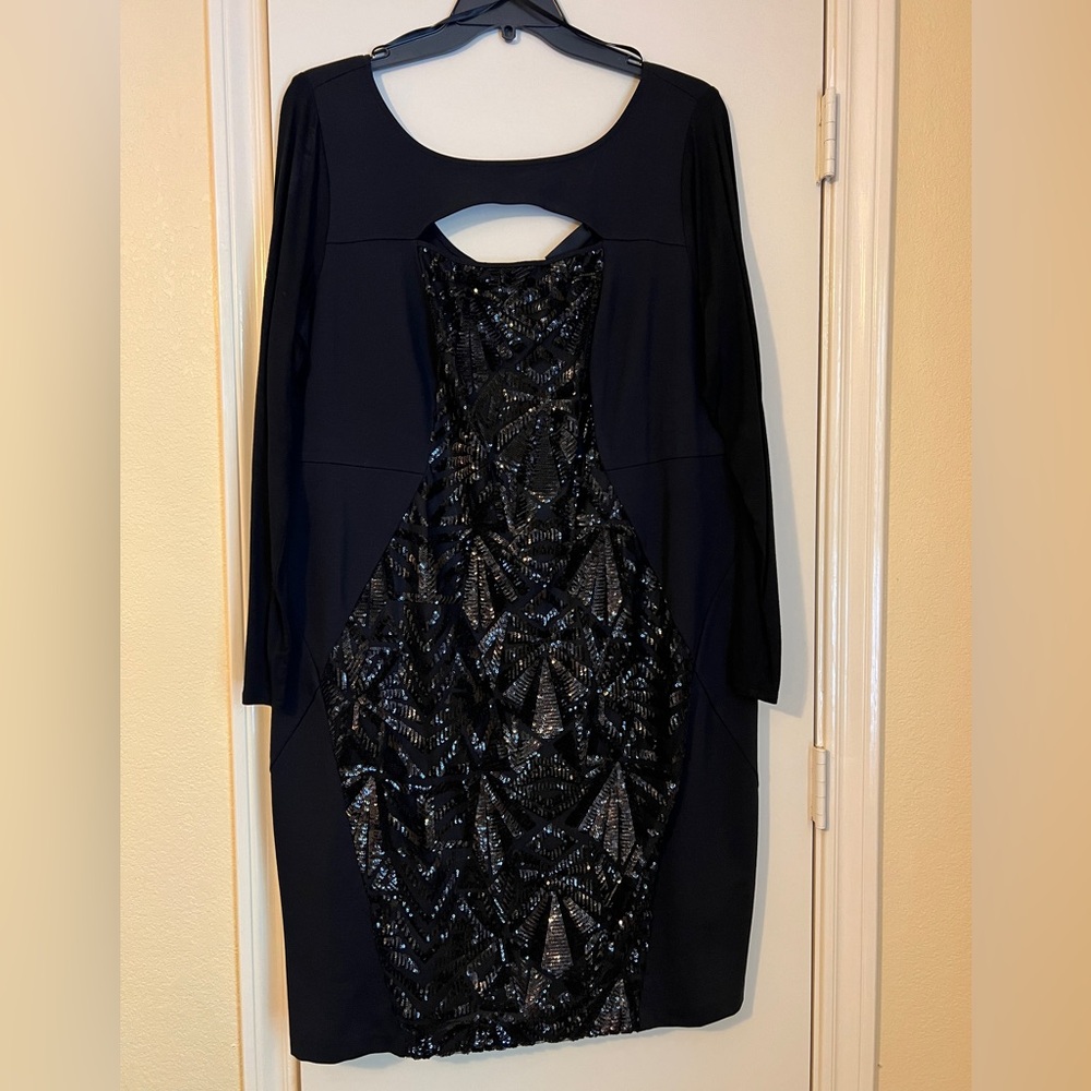 Lane Bryant Black Sequin Long Sleeve Dress w/ Keyhole Neckline, 20